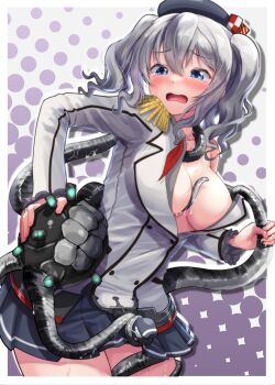 1girl absurdres abyssal_ship beret black_hat blue_eyes blush breasts bulge collared_shirt commentary_request cowboy_shot enemy_naval_mine_(kancolle) epaulettes erection erection_under_clothes futanari grey_hair grey_shirt grey_skirt hair_between_eyes hat highres jacket kantai_collection kashima_(kancolle) large_breasts long_sleeves military military_uniform neckerchief open_mouth pleated_skirt red_neckerchief revision shirt short_hair skirt soba_chatarou_(tita) solo tentacles twintails white_jacket