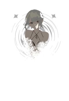 Rule 34 | 1girl, absurdres, bare shoulders, blunt bangs, braid, braided hair rings, breasts, datharuss, flower, grey eyes, grey hair, hair between eyes, hair flower, hair ornament, hair rings, hashtag-only commentary, highres, kaine (nier), lingerie, long hair, looking at viewer, medium breasts, negligee, nier (series), parted bangs, solo, underwear, upper body, white background, white flower