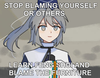 Rule 34 | 1girl, black bow, black bowtie, blue hat, bow, bowtie, cloud, cloudy sky, dress, english text, grey eyes, grey hair, hands in opposite sleeves, hat, highres, japanese clothes, kariginu, layered clothes, layered dress, layered sleeves, long sleeves, medium hair, meme, mononobe no futo, pom pom (clothes), ponytail, ria bnb, sky, smile, tate eboshi, touhou, white sleeves, wide sleeves