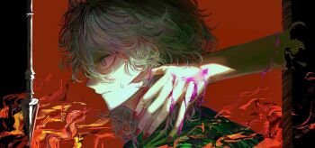 1boy 1girl absurdres blood closed_mouth commentary_request danganronpa_(series) danganronpa_2:_goodbye_despair enoshima_junko from_side green_jacket grey_eyes grey_hair highres hood hood_down hooded_jacket jacket kashiba_(iiiiii_kasba) komaeda_nagito male_focus medium_hair pink_blood polearm portrait red_background red_nails solo_focus spear sweatdrop weapon