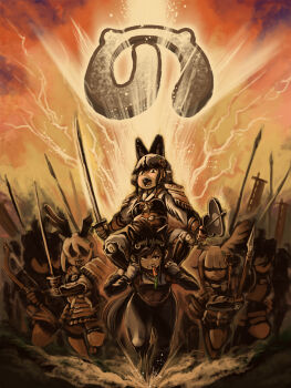 african_wild_dog_(kemono_friends) animal_ears armor bald_eagle banner bird bridle brown_eyes brown_thoroughbred_(kemono_friends) carrot carrying charging_forward dark-skinned_female dark_skin dou eagle extra_ears gloves highres holding holding_sword holding_weapon horse_ears horse_girl horse_tail japanese_armor japanese_clothes japanese_crested_ibis_(kemono_friends) japari_symbol kataginu katana kemono_friends kemono_friends_3 kusazuri long_hair looking_at_viewer mcgunngu multiple_girls piggyback polearm samurai sashimono screaming shikoro shoulder_armor sode spear suneate sword tail weapon