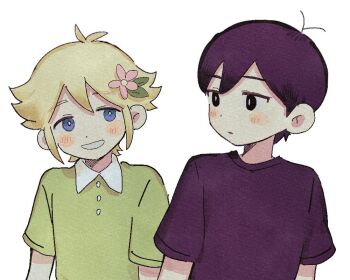 2boys alternate_costume antenna_hair basil_(faraway)_(omori) basil_(omori) black_eyes black_hair black_shirt blonde_hair blue_eyes blush closed_mouth collared_shirt commentary double-parted_bangs flower green_shirt hair_between_eyes hair_flower hair_ornament hashtag-only_commentary looking_at_another looking_at_viewer male_focus multiple_boys nico0 omori open_mouth shirt short_hair short_sleeves sidelocks simple_background smile sunny_(omori) t-shirt white_background