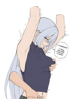 1girl ak-15_(girls'_frontline) arm_out_of_frame armpits arms_up artist_name blue_shirt blush breasts commentary english_commentary english_text feet_out_of_frame girls'_frontline grabbing_another's_breast grey_hair groping hands_on_another's_chest hands_up highres long_hair looking_at_viewer matsu_arts medium_breasts navel nipple_stimulation nipple_tweak nipple_tweak_through_clothes open_mouth purple_eyes shirt solo speech_bubble standing strapless strapless_shirt trembling twitter_username white_background