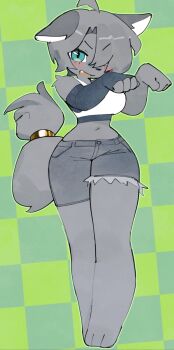 1girl animal_ears breasts checkered_background fang full_body grey_fur grey_hair hair_over_one_eye hands_up highres looking_at_viewer navel open_mouth original second-party_source shorts simple_background slit_pupils solo tail torn_clothes v-shaped_eyebrows wamudraws wolf_ears wolf_girl