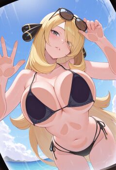 1girl absurdres bare_shoulders bikini black_bikini blonde_hair breast_press breasts cleavage collarbone cynthia_(pokemon) female_focus glasses_on_head hair_ornament hair_over_one_eye highres large_breasts long_hair looking_at_viewer navel nintendo owari_yoyo parted_lips pokemon pokemon_dppt sidelocks solo swimsuit teeth very_long_hair