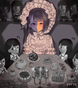 6+girls black_hair blush bonnet bow cake candelabra candlestand character_doll cherry colored_skin cookie cup cupcake dog doll dress ena_(ena) ena_(series) ena_(species) ena_(web_series) flower food frilled_bonnet frilled_sleeves frills fruit happy_ena highres hourglass_dog jar lolita_fashion macaron mariya_(ena) moony_(ena) multiple_girls pie plate pudding rose sitting strawberry table tea teacup turron usagimarumei white_bonnet white_bow white_dress