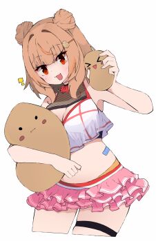 &gt;_&lt; :3 :d absurdres armpits bandaid blush breasts brown_hair cleavage cleavage_cutout clothing_cutout commission crikochan crop_top frilled_skirt frills garter_straps hair_bun hair_intakes hair_ornament hairclip highres miniskirt multicolored_hair naocchi_(vtuber) navel open_mouth orange_eyes orange_hair potato skirt smile streaked_hair stuffed_toy thick_thighs thighs