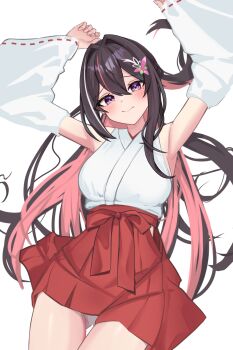 1girl absurdres alternate_costume armpits azki_(hololive) black_hair blush breasts clothing_cutout colored_inner_hair cowboy_shot detached_sleeves double-parted_bangs flower hair_between_eyes hair_flower hair_intakes hair_ornament hairclip hakama hakama_short_skirt hakama_skirt highres hip_vent hololive japanese_clothes kosode long_hair looking_at_viewer medium_breasts multicolored_hair nontraditional_miko obi panties pantyshot pink_streaks puffy_detached_sleeves puffy_sleeves purple_eyes purple_hair rashin red_hakama red_sash sash sidelocks simple_background skirt solo streaked_hair underwear upskirt very_long_hair virtual_youtuber white_background white_kosode white_panties white_streaks