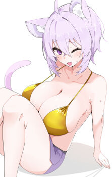 Rule 34 | 1girl, ;d, absurdres, ahoge, animal ear fluff, animal ears, bikini, blue shorts, breasts, cat ears, cat girl, cat tail, cleavage, commentary, gold bikini, haseneko, highres, hololive, huge breasts, knees up, looking at viewer, nekomata okayu, one eye closed, open mouth, purple eyes, purple hair, short hair, shorts, simple background, sitting, smile, solo, sweat, swimsuit, tail, untranslatable commentary, virtual youtuber, white background