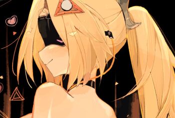 1girl bare_shoulders black_background black_choker blindfold_mask blonde_hair choker closed_mouth commentary covered_eyes english_commentary from_side hair_ornament heart long_hair mask ponytail portrait profile smile solo triangle_hair_ornament trigger_(zenless_zone_zero) usa37107692 zenless_zone_zero