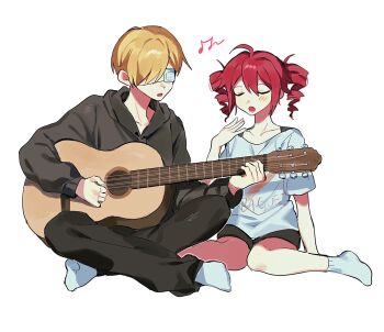 1boy 1girl acoustic_guitar ahoge alternate_costume black_pants black_shorts black_sweater blonde_hair blush closed_eyes collarbone drill_hair eyepatch full_body guitar hair_between_eyes hair_over_one_eye hand_up highres indian_style instrument kasane_teto long_sleeves lower_teeth_only medical_eyepatch music musical_note oc_x_canon open_mouth original pants playing_guitar playing_instrument red_hair samsap shirt short_sleeves shorts simple_background sitting socks sweater teeth twin_drills utau white_background white_shirt white_socks