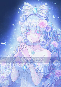 1girl absurdres bare_shoulders blue_background blue_flower blue_rose breasts character_request cleavage closed_mouth commission copyright_request dress drill_hair flower highres medium_breasts pink_flower pink_rose rose solo strapless strapless_dress tubering upper_body white_dress