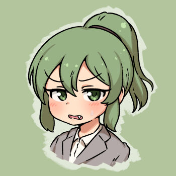 1girl basukechi commentary_request fang green_background green_eyes green_hair grey_jacket igarashi_futaba jacket office_lady open_mouth ponytail portrait senpai_ga_uzai_kouhai_no_hanashi shirt solo sweatdrop v-shaped_eyebrows white_shirt