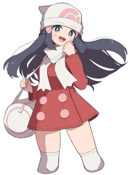 1girl bag beanie black_hair blue_eyes blue_hair blush breasts coat dawn_(pokemon) duffel_bag hair_ornament hairclip hat hiyoshipow long_hair looking_at_viewer nintendo open_mouth poke_ball_print pokemon pokemon_dppt pokemon_platinum red_coat scarf simple_background smile solo teeth thighhighs upper_teeth_only white_background white_hat white_scarf white_thighhighs