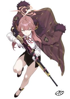 Rule 34 | 1girl, absurdres, aru (blue archive), blue archive, brown coat, brown horns, coat, coat on shoulders, commentary request, demon horns, full body, fur-trimmed coat, fur trim, gloves, gun, h&amp;k psg1, halo, high-waist skirt, highres, holding, holding gun, holding weapon, horns, long hair, low horns, oto jampan, pink hair, pink halo, rifle, skirt, sniper rifle, solo, trigger discipline, twitter username, weapon, white background, white gloves