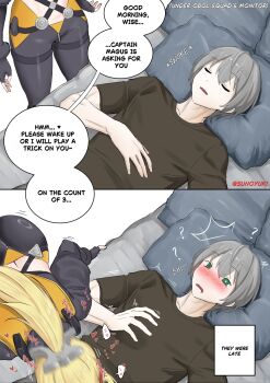 1boy 1girl ass belly blonde_hair blush english_text fellatio fingerless_gloves gloves green_eyes grey_hair highres long_hair oral pants ponytail simple_background speech_bubble sunoyukey surprise_deepthroat surprised trigger_(zenless_zone_zero) white_background wise_(zenless_zone_zero) zenless_zone_zero