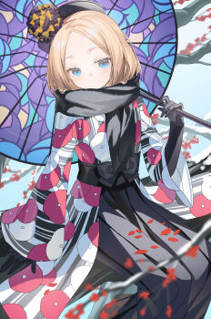 1girl abigail_williams_(exhibition_attire)_(fate) abigail_williams_(fate) absurdres black_bow blonde_hair blue_eyes blush bow branch enpera expressionless fate/grand_order fate_(series) gloves hat highres holding holding_umbrella in_tree japanese_clothes kimono looking_at_viewer miyu10366 outdoors purple_skirt scarf sitting skirt snow solo tree umbrella wide_sleeves