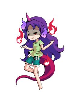 Rule 34 | 1girl, barefoot, breasts, chibi, chibi only, commentary request, dairi, full body, green shirt, green shorts, horns, large variant set, long hair, pink horns, purple hair, red eyes, red tail, shirt, shorts, simple background, single horn, solo, tachi-e, tenkajin chiyari, test tube, touhou, transparent background, variant set, very long hair