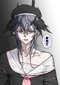 1boy absurdres allen.n arknights beret black_background black_hat black_shirt black_wings blue_archive collarbone commentary commentary_request cosplay crossdressing crossdressing_(mtf) english_commentary engrish_commentary gradient_background grey_background grey_hair hair_between_eyes hat head_wings highres koharu_(blue_archive) koharu_(blue_archive)_(cosplay) logos_(arknights) long_hair looking_at_viewer male_focus off_shoulder open_mouth pointy_ears red_eyes sailor_collar school_uniform serafuku shirt solo translation_request upper_body white_sailor_collar wings
