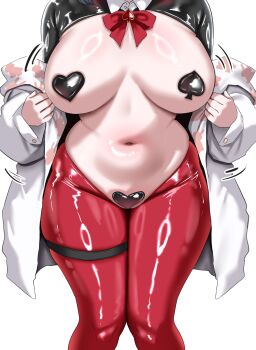 1girl absurdres black_shrug breasts breasts_apart coat commentary_request feet_out_of_frame fingernails frontless_outfit goddess_of_victory:_nikke head_out_of_frame heart_maebari highres hiphighs huge_breasts latex_shrug maebari mismatched_pasties multiple_views navel off_shoulder official_alternate_costume open_clothes open_coat plump red_hiphighs reverse_bunnysuit reverse_outfit rouge_(nikke) rouge_(unlucky_rabbit)_(nikke) shiny_clothes shiny_skin shrug_(clothing) simple_background skindentation solo spade_pasties standing stomach white_background white_coat woo_(woosan)