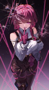 1girl :p ;p absurdres black_pantyhose black_shorts breasts bullet_hole chinese_commentary commentary_request gloves henjiwumei high-waist_shorts highres honkai:_star_rail honkai_(series) kafka_(honkai:_star_rail) large_breasts licking looking_at_viewer medium_hair one_eye_closed pantyhose purple_eyes purple_gloves purple_hair shirt shorts solo tongue tongue_out white_shirt