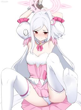 1girl armpits arms_up blue_archive blush bound bound_wrists breasts choker closed_mouth commentary_request detached_sleeves dress frilled_choker frills gloves halo highres long_hair magical_girl michinoku_(michino934) no_shoes official_alternate_costume panties pink_halo pink_skirt puffy_short_sleeves puffy_sleeves red_eyes restrained short_sleeves single_wing skirt small_breasts soles solo suzumi_(blue_archive) suzumi_(magical)_(blue_archive) sweat thighhighs underwear variant_set very_long_hair white_background white_hair white_panties white_thighhighs wings