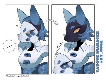 ... 1girl animal_ears blue_hair bow bowtie colored_skin commentary dark_skin deltarune disembodied_hand english_commentary english_text furry highres mask ny_000a robot short_hair signature tasque_manager utdr_(toby_fox) yellow_eyes
