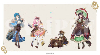 Rule 34 | 4girls, :3, alternate costume, animal ears, backpack, bag, black hair, black skirt, blue bonnet, blue capelet, bonnet, book, book holster, border, braid, breasts, brown background, brown corset, brown hair, brown pantyhose, brown shoes, brown skirt, capelet, cat ears, cat girl, cat tail, claw pose, commentary request, copyright notice, corset, dog, eyewear on head, falling books, frilled capelet, frilled skirt, frills, gears, goggles, goggles on head, green eyes, green skirt, hat, heterochromia, high-waist skirt, high heels, highres, hitokoto, holding, holding book, holding suitcase, inui toko, kuroi shiba, lantern, long hair, long skirt, long sleeves, looking at viewer, machita chima, medium breasts, multiple girls, nijisanji, nijisanji kr, official art, open book, open mouth, pantyhose, parasol, pink hair, pink skirt, red eyes, red hat, sample watermark, shiba inu, shirt, shoes, simple background, skirt, skirt hold, smile, suitcase, tail, thighhighs, twin braids, two-sided capelet, two-tone skirt, umbrella, virtual youtuber, watermark, wavy hair, white border, white shirt, white thighhighs, yang nari, yellow eyes, yellow skirt