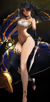 1girl absurdres anklet armlet arrow_(projectile) bikini black_hair bow_(weapon) breasts cleavage closed_mouth commentary_request earrings fate/grand_order fate_(series) floating_hair foot_out_of_frame glint gold_earrings highres holding holding_arrow hoop_earrings huge_weapon iknsk ishtar_(fate) jewelry long_hair looking_at_viewer medium_breasts mismatched_bikini navel neck_ring red_eyes single_sleeve single_thighhigh sky smile solo space star_(sky) starry_sky stomach swimsuit thighhighs thighs tiara two_side_up very_long_hair weapon