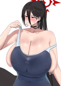 1girl black_choker black_hair black_wings blue_archive blue_one-piece_swimsuit blush breasts choker cleavage clothes_pull covered_erect_nipples covered_navel embarrassed gigantic_breasts hair_between_eyes halo hasumi_(blue_archive) highres huge_breasts lips long_hair low_wings mmm_(mmm22) mole mole_under_eye off-shoulder_one-piece_swimsuit one-piece_swimsuit one-piece_swimsuit_pull ponytail red_eyes school_swimsuit skindentation solo standing sweat swimsuit toudou_(omiseyasan_22) undersized_clothes very_long_hair white_background wings