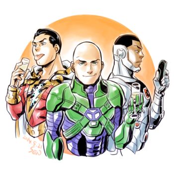 Rule 34 | 3boys, alcohol, armor, bald, blue eyes, cape, champagne, champagne glass, cyborg, cyborg (dc), dark skin, dc comics, glass, gradient background, justice league, lex luthor, male focus, multiple boys, power armor, sen (pixiv111638), shazam, tongue