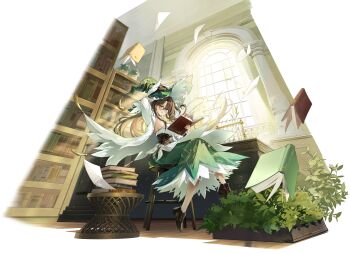 1girl absurdres black_shoes book braid breasts brown_hair ceiling cleavage collar detached_collar dress floating floating_book floating_object full_body glasses green_dress green_eyes green_hat ham99luv hashtag-only_commentary hat hat_feather highres holding holding_book indoors jacket large_breasts long_dress long_hair on_stool open_clothes open_jacket original pages pile_of_books plant potted_plant shelf shoes sideboob sitting solo stool sunlight white_collar white_jacket window witch_hat wooden_floor