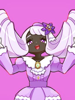 1girl ascot dark-skinned_female dark_skin dress fascinator frilled_ascot frills gloves hair_ornament highres jacinthe_(pokemon) juliet_sleeves long_hair long_sleeves looking_at_viewer low_drills mega_stone meta-g_(curc8737) nintendo open_mouth pokemon pokemon_legends:_z-a puffy_sleeves purple_background purple_dress purple_eyes purple_hair simple_background smile solo teeth upper_teeth_only very_dark_skin white_gloves