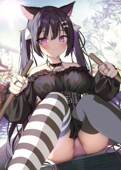 1girl animal_ears asymmetrical_legwear belt black_hair black_nails blush boat bow breasts cat_ears closed_mouth dress frills hair_between_eyes hair_ribbon holding holding_oar jewelry jirai_kei large_breasts mintice_(asatsukimint) mismatched_legwear nail_polish oar off-shoulder_dress off_shoulder original panties pink_panties purple_eyes purple_hair ribbon ring sitting solo thighs tree twintails underwear water watercraft