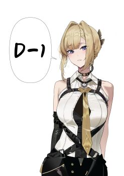 1girl absurdres arm_strap bare_shoulders black_pants blonde_hair breasts chest_harness collared_shirt commentary dress_shirt elbow_gloves english_commentary evelyn_chevalier gloves hair_intakes hair_up half_gloves harness high-waist_pants highres large_breasts long_ribbon looking_at_viewer maanu necktie pants purple_eyes ring_hair_ornament shirt simple_background single_elbow_glove single_half_glove sleeveless sleeveless_shirt solo speech_bubble tight_clothes tight_pants uneven_bangs white_background white_shirt yellow_necktie zenless_zone_zero