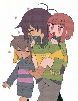 3others antenna_hair blush brown_hair carrying chara_(undertale) deltarune floating_flowers flower frisk_(undertale) highres kris_(deltarune) mr0x0 multicolored_hair multiple_others open_mouth piggyback red_eyes scraped_knee shirt short_hair simple_background smile striped_clothes striped_sweater sweater tearing_up too_many_watermarks translation_request turtleneck turtleneck_shirt two-tone_hair undertale utdr_(toby_fox) walking watermark white_background