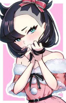 1girl alternate_costume bare_shoulders belt black_belt black_hair capelet closed_mouth commentary dress english_commentary eyelashes fur-trimmed_capelet fur_trim green_eyes hands_up light_blush looking_at_viewer marnie_(pokemon) meru_merume603 nintendo off_shoulder outline pink_background pink_capelet pink_dress pokemon pokemon_swsh signature solo