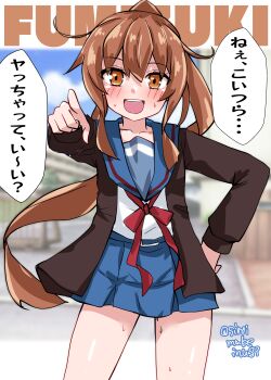 1girl absurdres blue_sailor_collar blue_skirt brown_cardigan brown_eyes brown_hair cardigan commentary_request cosplay fumizuki_(kancolle) hand_on_own_hip highres kantai_collection kita_high_school_uniform kitahama_(siroimakeinu831) kyonko kyonko_(cosplay) long_hair one-hour_drawing_challenge open_mouth sailor_collar school_uniform serafuku skirt smile solo suzumiya_haruhi_no_yuuutsu sweat teeth translation_request upper_teeth_only