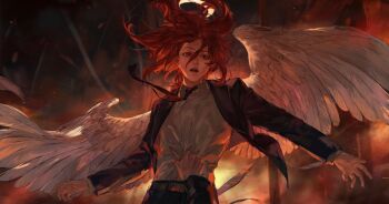 2boys angel_devil_(chainsaw_man) angel_wings black_jacket black_necktie black_pants chainsaw_man chinese_commentary clothes_grab collared_shirt commentary_request floating_hair grabbing_another's_shirt hachiaka3 hair_between_eyes halo hayakawa_aki highres jacket long_hair male_focus multiple_boys necktie nose open_clothes open_jacket open_mouth out_of_frame pants shirt shirt_tucked_in solo_focus suit_jacket teeth traditional_halo white_shirt white_wings wings