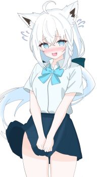 1girl @_@ ahoge animal_ear_fluff animal_ears blush bow bowtie braid commentary_request fox_ears fox_girl hair_between_eyes highres hololive le6_leo long_hair school_uniform shirakami_fubuki shirt skirt solo virtual_youtuber white_hair white_shirt