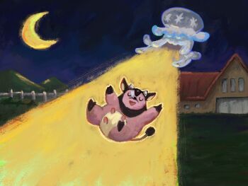 arms_up building closed_eyes colored_skin commentary_request cow_horns crescent_moon farm fence field gen_2_pokemon gen_7_pokemon grass highres horns miltank moon mountain night night_sky nihilego nintendo no_humans nose_bubble open_mouth outdoors outstretched_arms panha picket_fence pink_skin pokemon pokemon_(creature) pokemon_focus sky sleeping tongue u_u udder ultra_beast white_fence wooden_fence