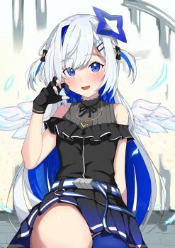 1girl amane_kanata aqua_nails black_gloves black_shirt black_skirt blue_eyes blue_hair blue_halo blue_thighhighs blush breasts claw_pose colored_inner_hair commentary_request feathered_wings gloves gradient_clothes gradient_skirt gradient_wings hair_between_eyes halo highres hololive ivu_(eve0315y) long_hair looking_at_viewer mini_wings multicolored_hair multicolored_wings open_mouth partially_fingerless_gloves pleated_skirt shirt single_hair_intake single_thighhigh sitting skirt sleeveless sleeveless_shirt small_breasts smile solo star_halo thighhighs thighs very_long_hair virtual_youtuber white_hair white_trim white_wings wings