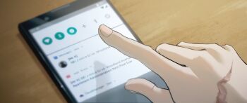 1girl cellphone gumi highres index_finger_raised phone scar scar_on_hand smartphone solo table vocaloid wooden_table wounds404