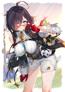 Rule 34 | 1boy, 1girl, ;q, ahoge, aki663, atelier (series), atelier yumia, black hair, black jacket, breasts, chibi, commentary request, gloves, highres, jacket, large breasts, looking at viewer, one eye closed, purple eyes, red gloves, rutger arendt, short hair, standing, sunglasses, thighs, tongue, tongue out, yumia liessfeldt