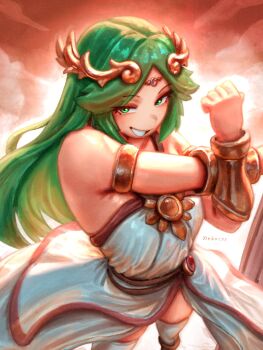 1girl armor artist_name bare_shoulders bracer breasts circlet commentary english_commentary gold_armor gold_bracer gold_ring hair_ornament highres kid_icarus long_hair looking_at_viewer medium_breasts nebacer nintendo palutena smile solo stretching sunlight super_smash_bros. tagme