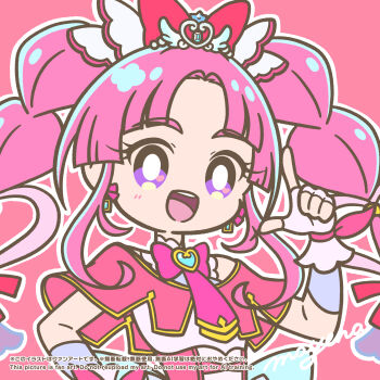 Rule 34 | 1girl, :d, artist name, back bow, bare shoulders, blue bow, blunt bangs, bow, braid, bright pupils, brooch, capelet, commentary, cure mystique, dress, earrings, fingerless gloves, glove bow, gloves, gold trim, hair bow, hair ornament, hand on own hip, hand up, heart, heart brooch, heart in eye, highres, impossible hair, index finger raised, jewelry, kobayashi mikuru, long hair, looking at viewer, magical girl, mayena, meitantei precure!, no nose, no sclera, off-shoulder dress, off shoulder, open mouth, outline, parted bangs, pink bow, pink capelet, pink dress, pink hair, pink theme, precure, purple eyes, red bow, sidelocks, signature, simple background, smile, solo, symbol in eye, teeth, thick eyebrows, twin braids, upper body, upper teeth only, very long hair, watermark, white gloves, white outline, white pupils, wing hair ornament