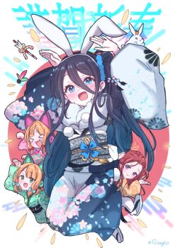 &gt;_&lt; 4girls :3 :d alternate_costume animal_ear_headphones animal_ears aris_(blue_archive) arms_up arrow_(projectile) artist_name black_hair black_kimono black_sash blonde_hair blue_archive blue_bow blue_eyes blush bow cat_ear_headphones cat_ears chinese_zodiac closed_eyes closed_mouth commentary_request eyelashes fake_animal_ears floral_print food forehead fruit fur_collar giorgio_(yo_sumire_sola1) green_eyes green_kimono hair_between_eyes hair_bow hair_ornament hairband halo hamaya hane_(hanetsuki) happy headphones highres japanese_clothes kikumon kimono long_bangs long_hair long_hair_between_eyes long_sleeves looking_at_viewer mandarin_orange medium_hair midori_(blue_archive) momoi_(blue_archive) multicolored_background multicolored_kimono multiple_girls new_year obi obiage obijime one_side_up open_mouth orange_kimono parted_bangs pink_kimono pom_pom_(clothes) power_symbol print_kimono print_sash purple_eyes rabbit rabbit_ears rabbit_pose red_background red_bow red_hair sandals sash sidelocks smile socks tabi tassel very_long_hair white_background white_hairband white_kimono white_socks wide_sleeves year_of_the_rabbit yuzu_(blue_archive) zouri