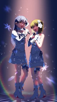 Rule 34 | 2girls, blue hair, blunt ends, boots, brown eyes, brown hair, dress, frilled thigh strap, full body, gloves, hagiwara yukiho, hair ornament, high heel boots, high heels, highres, holding, holding microphone, idolmaster, idolmaster (classic), idolmaster 2, kisaragi chihaya, long hair, looking at viewer, microphone, multiple girls, music, official alternate costume, omitsu, open mouth, print dress, short hair, singing, snowflake liliput (idolmaster), snowflake print, standing, thigh strap, white boots, white dress, white gloves