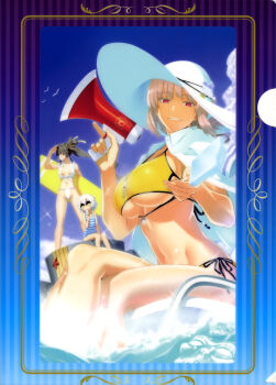 Rule 34 | 3girls, absurdres, bikini, bird, braid, breasts, charles babbage (fate), cleavage, curvy, fate/apocrypha, fate/grand order, fate (series), female focus, floatie, florence nightingale (fate), food, fundoshi, glasses, happy, hassan of the cursed arm (fate), hat, highres, ice cream, jack the ripper (fate/apocrypha), japanese clothes, large breasts, lifeguard, long hair, megaphone, multiple girls, navel, official art, popsicle, red eyes, scan, seagull, shiny skin, short hair, side-tie bikini bottom, sitting, sky, smile, standing, sun hat, sunglasses, swimsuit, underboob, ushiwakamaru (fate), water, yellow bikini