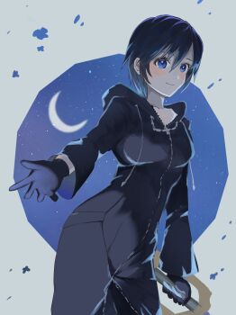 Rule 34 | 1girl, absurdres, black coat, black coat (kingdom hearts), black gloves, black hair, blue eyes, blush, breasts, closed mouth, coat, commentary request, crescent moon, eyelashes, gloves, highres, holding, holding weapon, hood, hood down, hooded coat, kawame626, keyblade, kingdom hearts, long sleeves, moon, night, short hair, sky, smile, solo, star (sky), starry sky, weapon, xion (kingdom hearts)